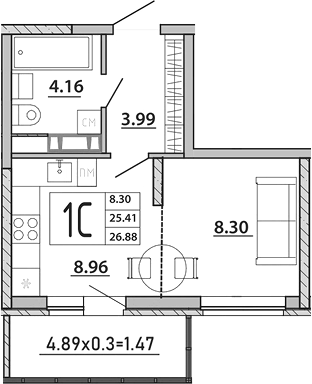 Планировка — Любимый дом. СЗ СтройГрупп, Студия, 25 м²