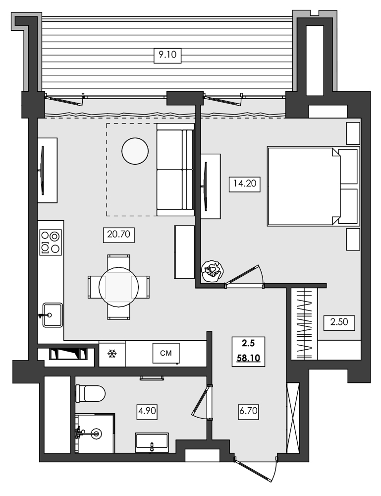 Планировка — Алушта-Ривьера, 1-комн., 49 м²