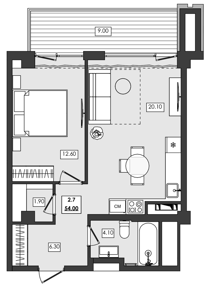 Планировка — Алушта-Ривьера, 1-комн., 45 м²