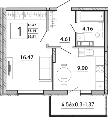 Планировка — Любимый дом. СЗ СтройГрупп, 1-комн., 35 м²