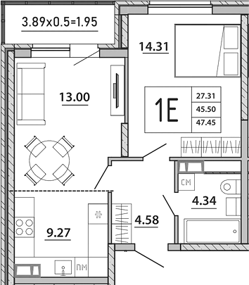Планировка — Любимый дом. СЗ СтройГрупп, 2-комн., 46 м²