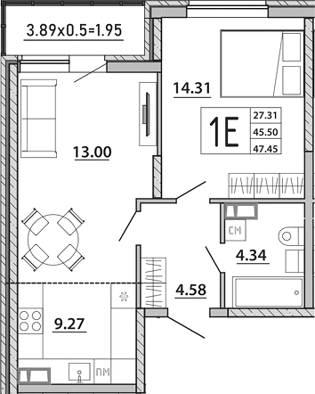 Планировка — Любимый дом. СЗ СтройГрупп, 2-комн., 46 м²