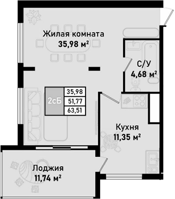 Планировка — Бухта Счастливая, 1-комн., 58 м²