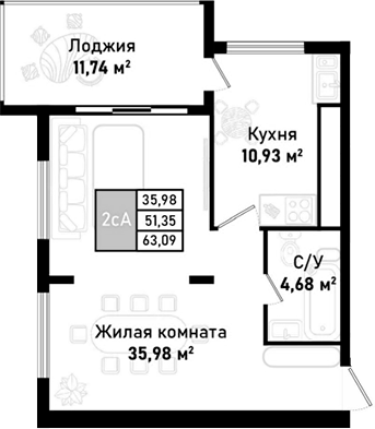 Планировка — Бухта Счастливая, 1-комн., 57 м²
