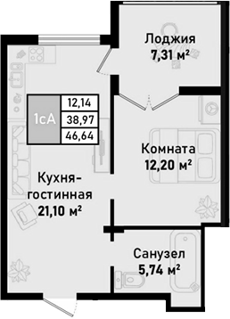 Планировка — Бухта Счастливая, 2-комн., 39 м²