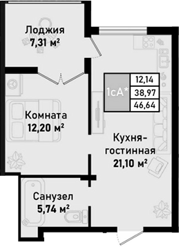Планировка — Бухта Счастливая, 2-комн., 39 м²