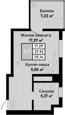 Планировка — Бухта Счастливая, Студия, 28 м²