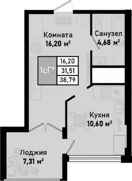 Планировка — Бухта Счастливая, 1-комн., 31 м²