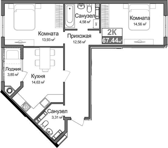 Планировка — Город Мира, 2-комн., 62 м²
