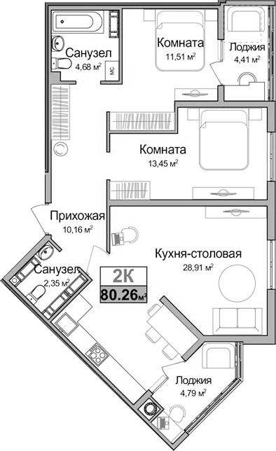 Планировка — Город Мира, 2-комн., 66 м²