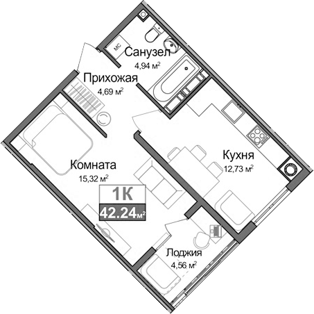 Планировка — Город Мира, 1-комн., 38 м²