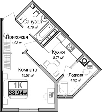Планировка — Город Мира, 1-комн., 32 м²