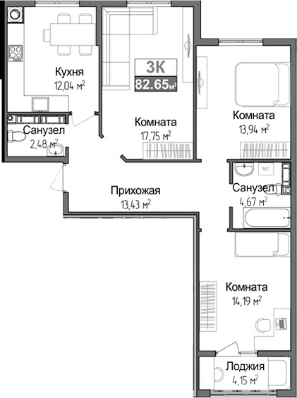 Планировка — Город Мира, 3-комн., 76 м²
