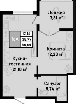 Планировка — Бухта Счастливая, 2-комн., 39 м²