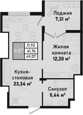 Планировка — Бухта Счастливая, 2-комн., 41 м²
