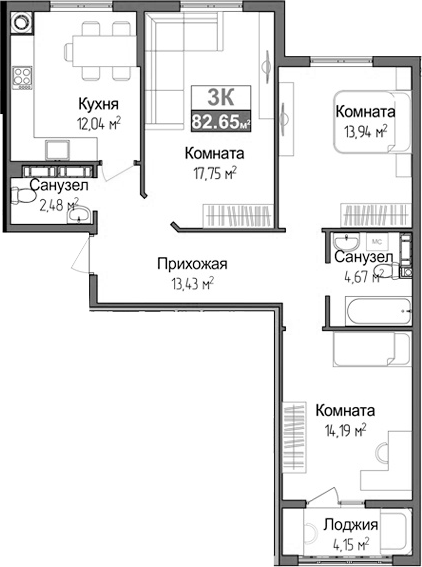 Планировка — Город Мира, 3-комн., 76 м²