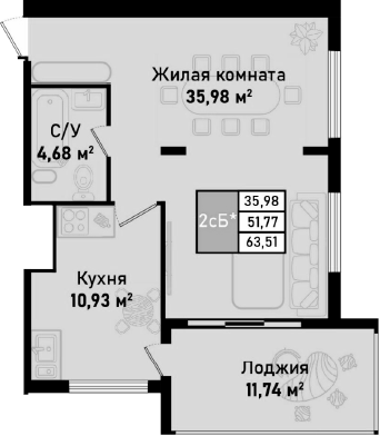 Планировка — Бухта Счастливая, 1-комн., 52 м²