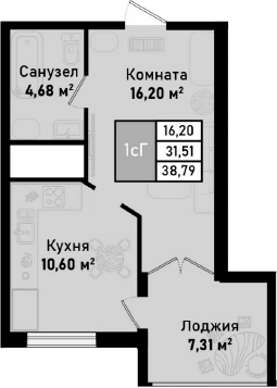 Планировка — Бухта Счастливая, 1-комн., 31 м²