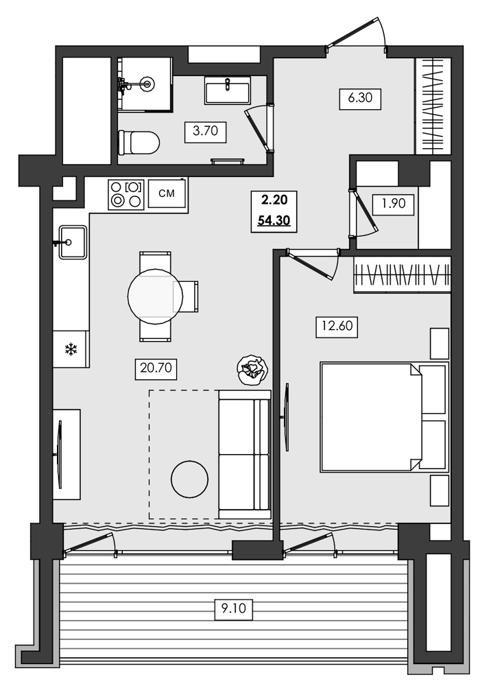 Планировка — Алушта-Ривьера, 1-комн., 45 м²