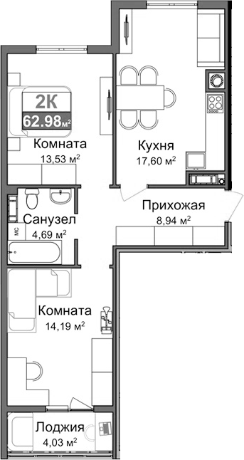 Планировка — Город Мира, 2-комн., 57 м²