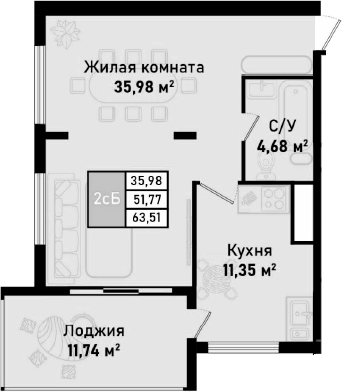 Планировка — Бухта Счастливая, 1-комн., 58 м²