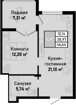 Планировка — Бухта Счастливая, 2-комн., 39 м²