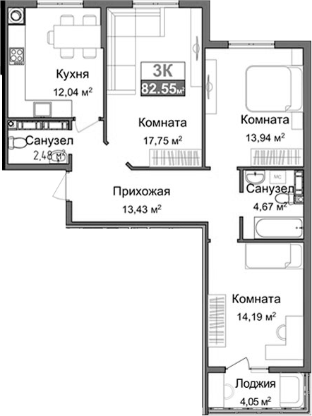 Планировка — Город Мира, 3-комн., 76 м²