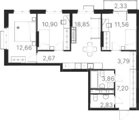 Планировка — Атлас Ривер, 3-комн., 74 м²