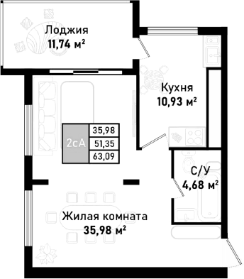 Планировка — Бухта Счастливая, 1-комн., 57 м²