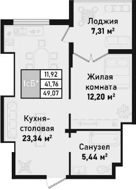 Планировка — Бухта Счастливая, 2-комн., 41 м²