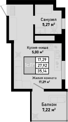 Планировка — Бухта Счастливая, Студия, 28 м²