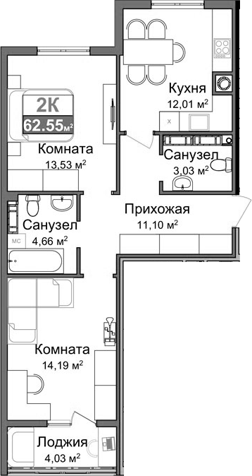 Планировка — Город Мира, 2-комн., 57 м²