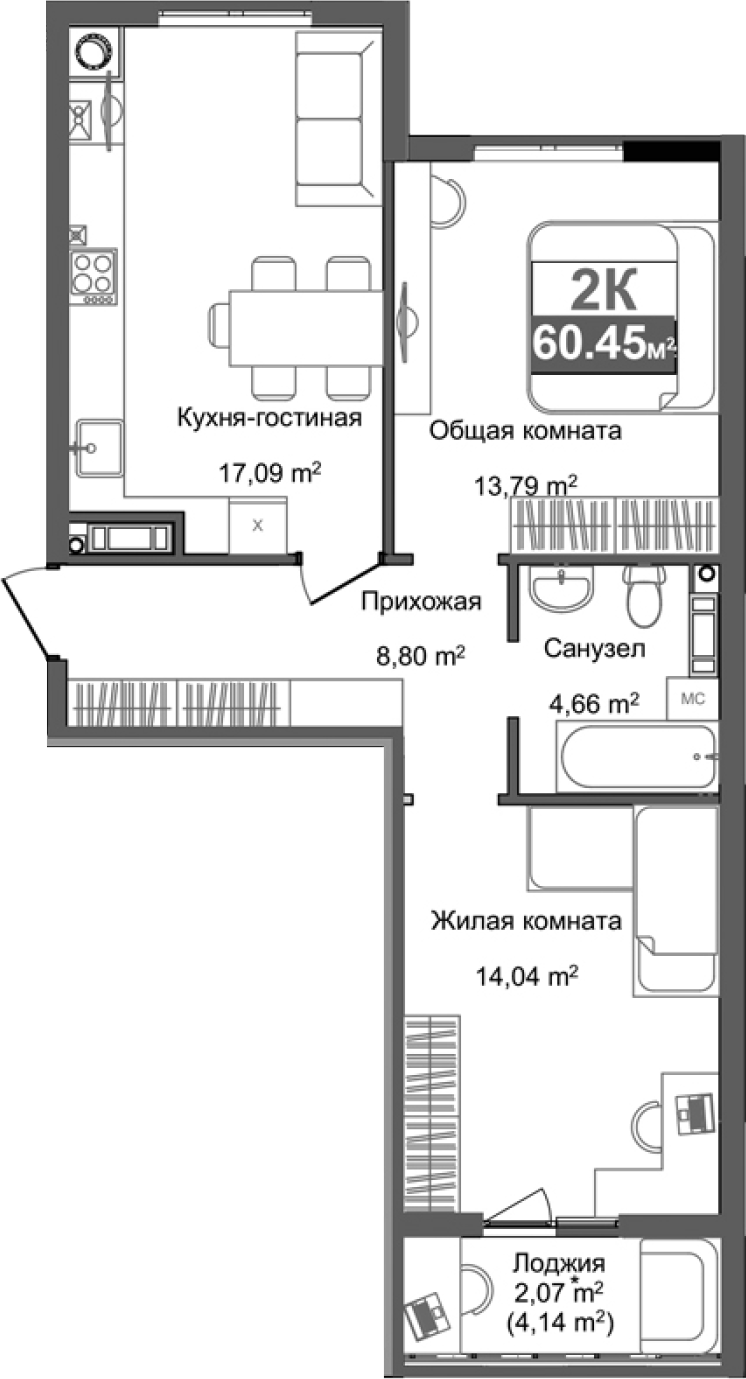 Планировка — Город Мира, 2-комн., 58 м²