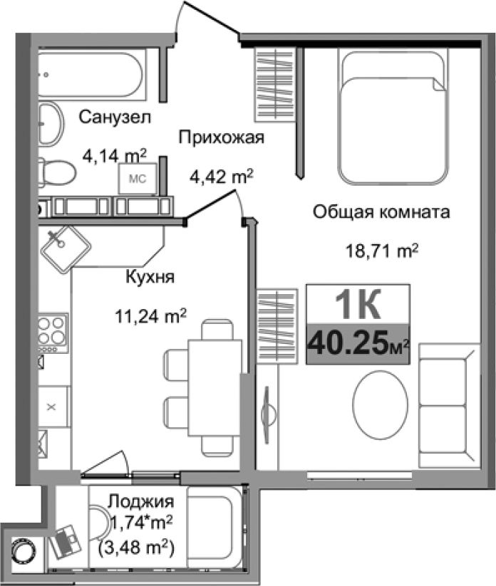 Планировка — Город Мира, 1-комн., 39 м²