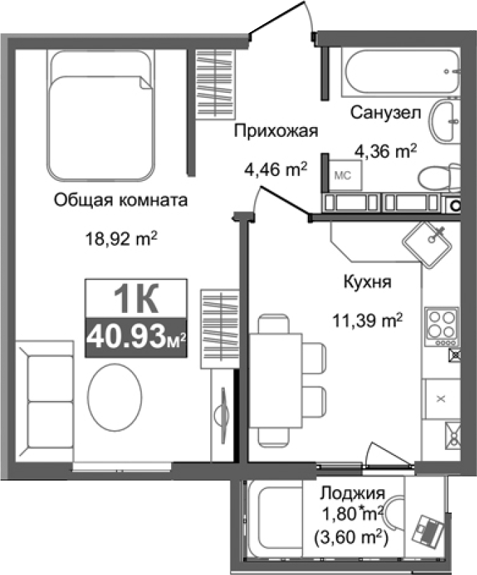 Планировка — Город Мира, 1-комн., 39 м²
