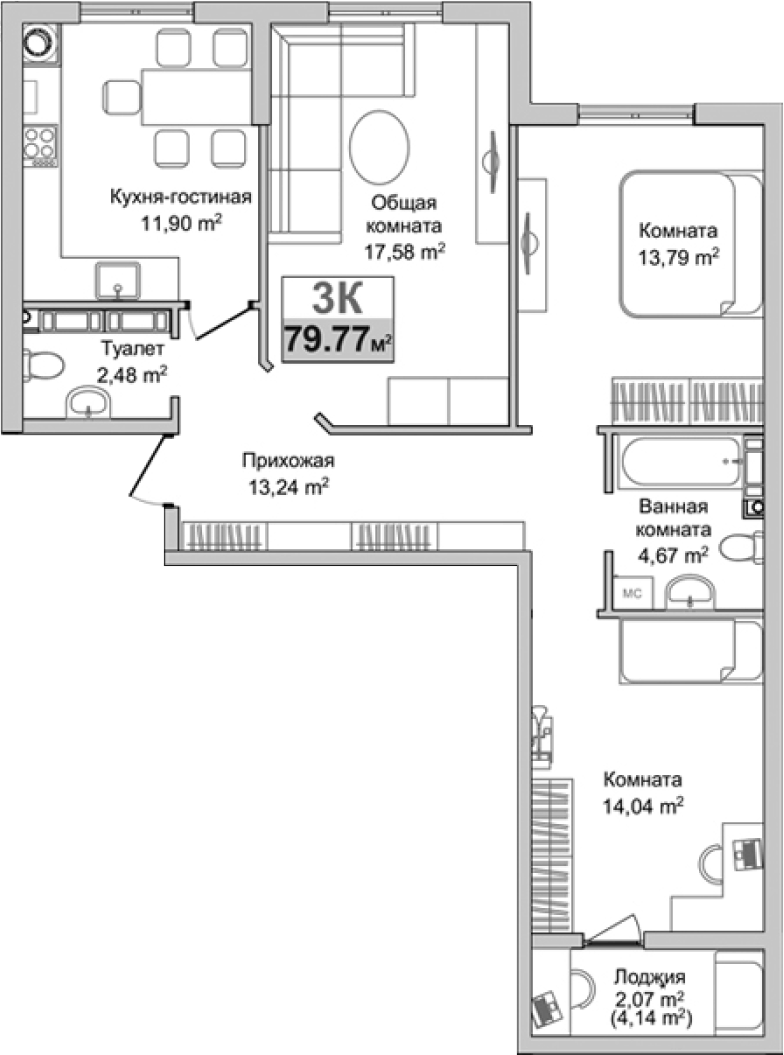 Планировка — Город Мира, 3-комн., 78 м²