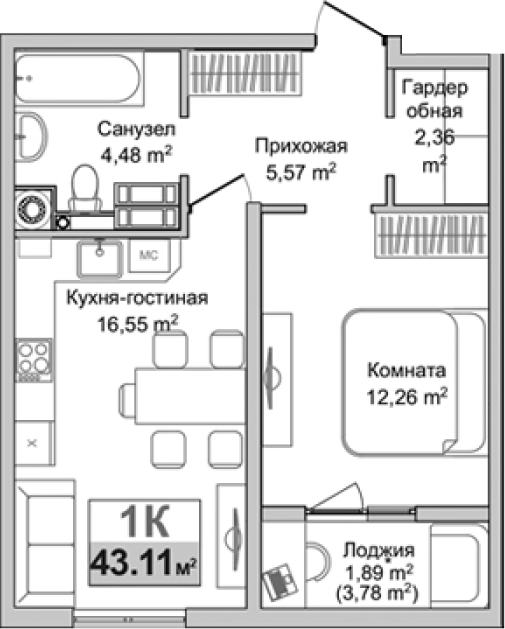 Планировка — Город Мира, 1-комн., 41 м²