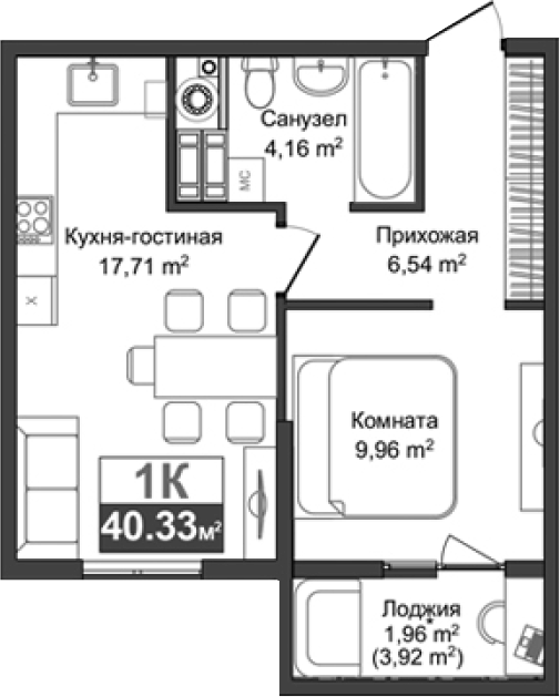 Планировка — Город Мира, 1-комн., 38 м²