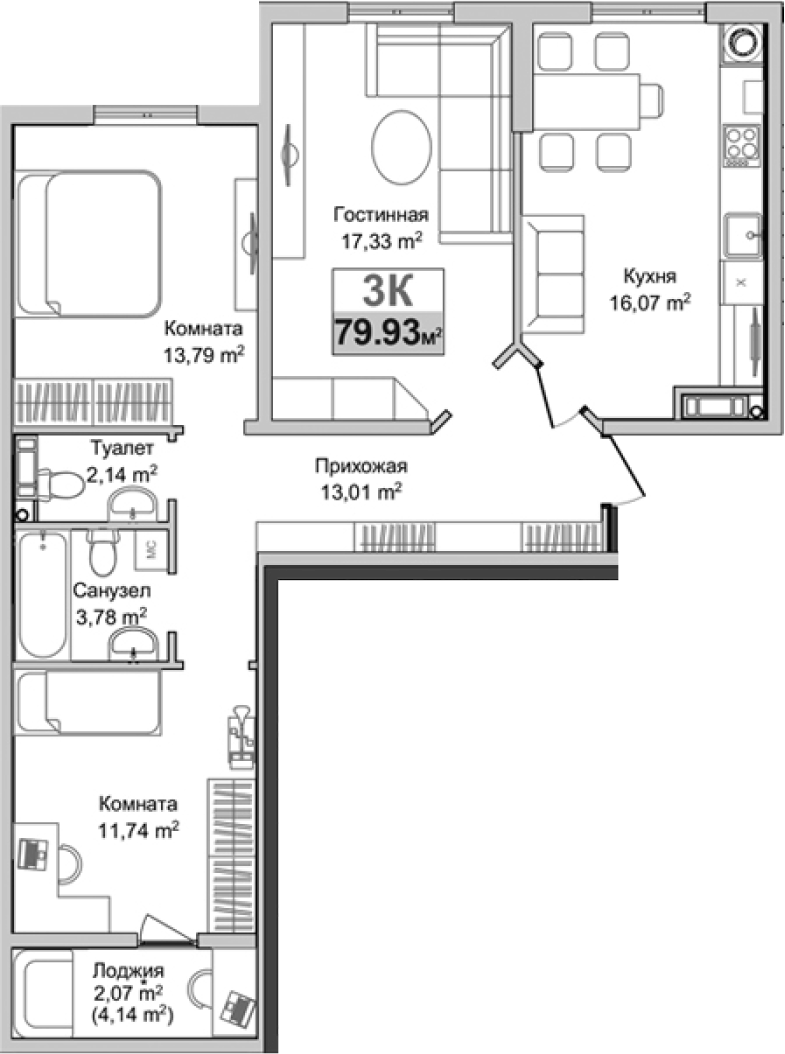 Планировка — Город Мира, 3-комн., 78 м²