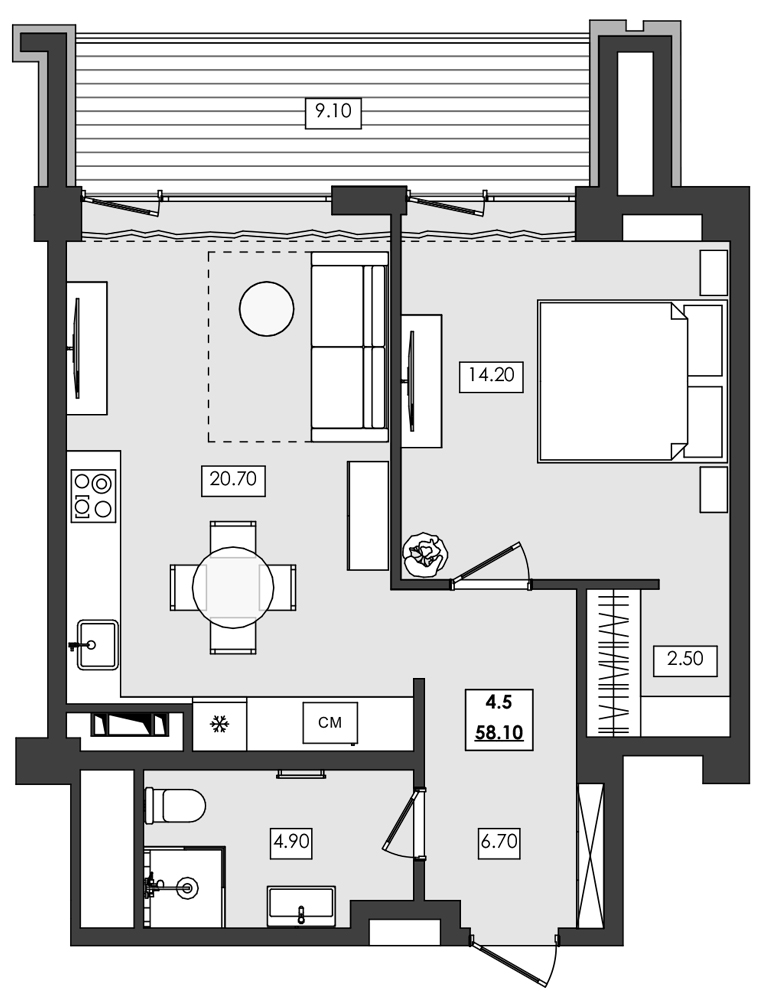 Планировка — Алушта-Ривьера, 1-комн., 49 м²