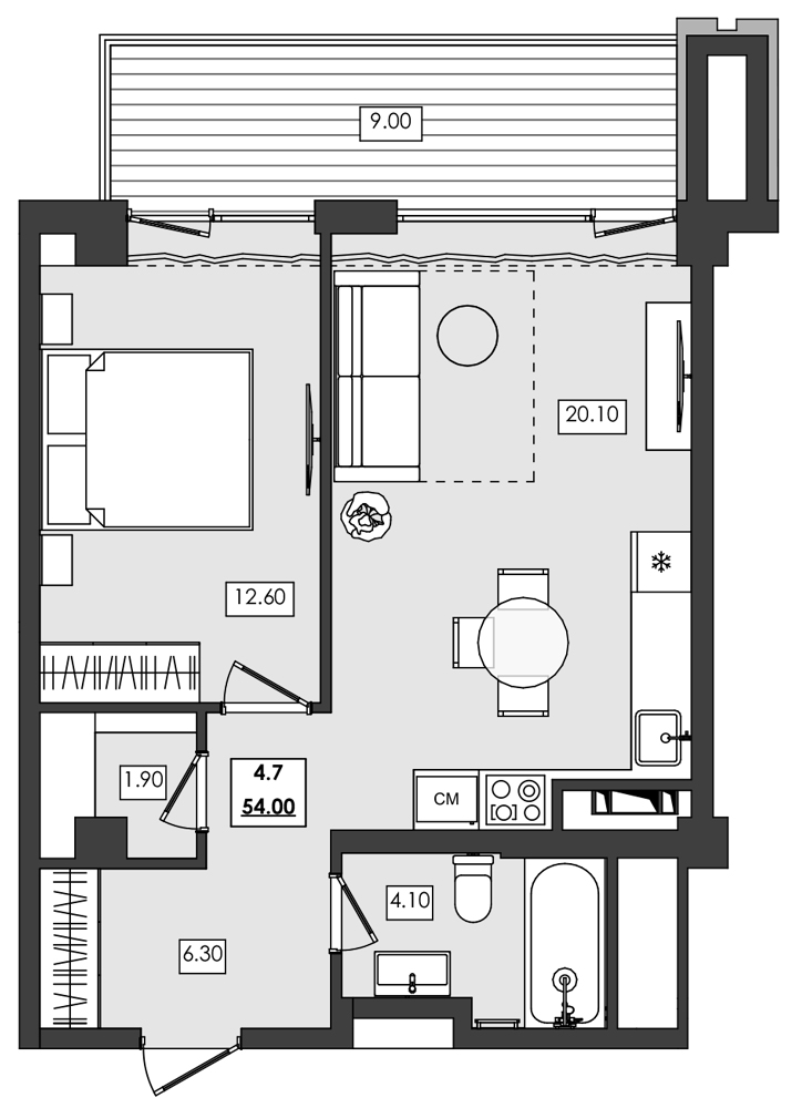 Планировка — Алушта-Ривьера, 1-комн., 45 м²