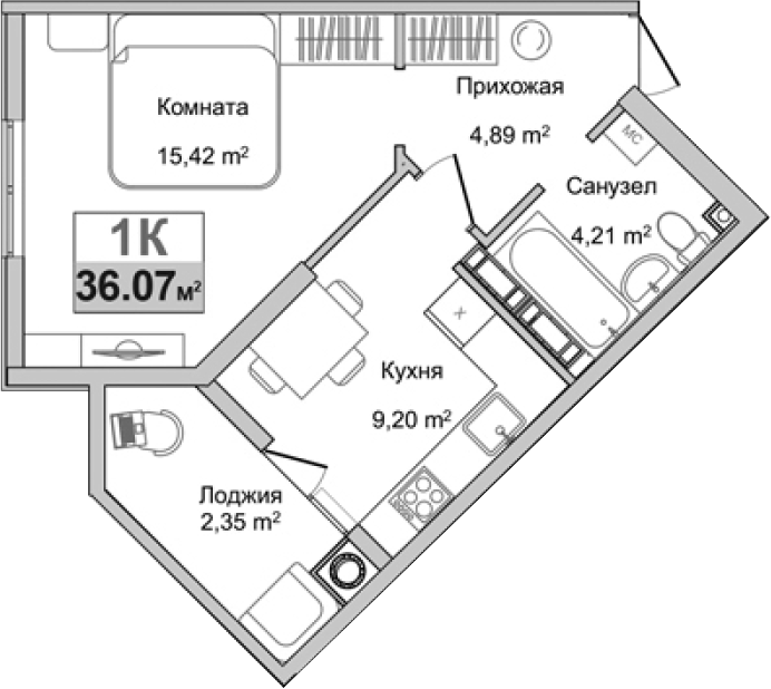 Планировка — Город Мира, 1-комн., 34 м²