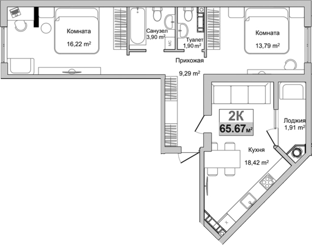 Планировка — Город Мира, 2-комн., 64 м²