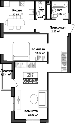Планировка — Город Мира, 2-комн., 62 м²