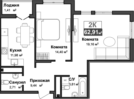 Планировка — Город Мира, 2-комн., 62 м²