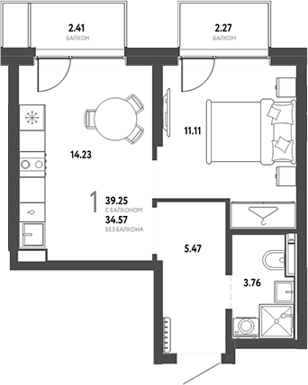 Планировка — Страна.Энтузиастов, 1-комн., 35 м²