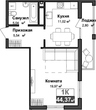 Планировка — Город Мира, 1-комн., 42 м²