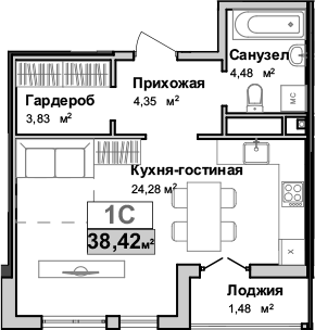 Планировка — Город Мира, Студия, 37 м²