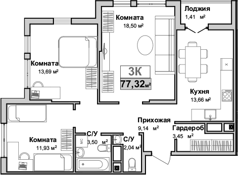 Планировка — Город Мира, 3-комн., 76 м²