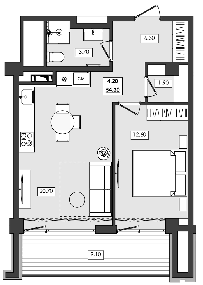 Планировка — Алушта-Ривьера, 1-комн., 45 м²